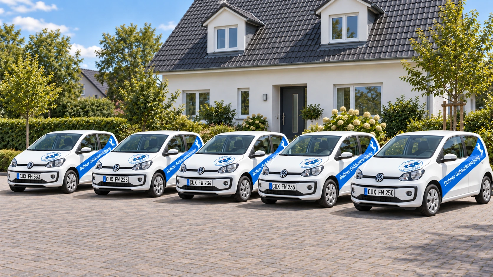 Fünf weiße VW up! mit Duhner-Logo auf der Fahrerseite der Motorhaube und den Kennzeichen CUX FM 333, CUX FW 223, CUX FW 234, CUX FW 235 und CUX FW 250 vor einem weißen Wohnhaus