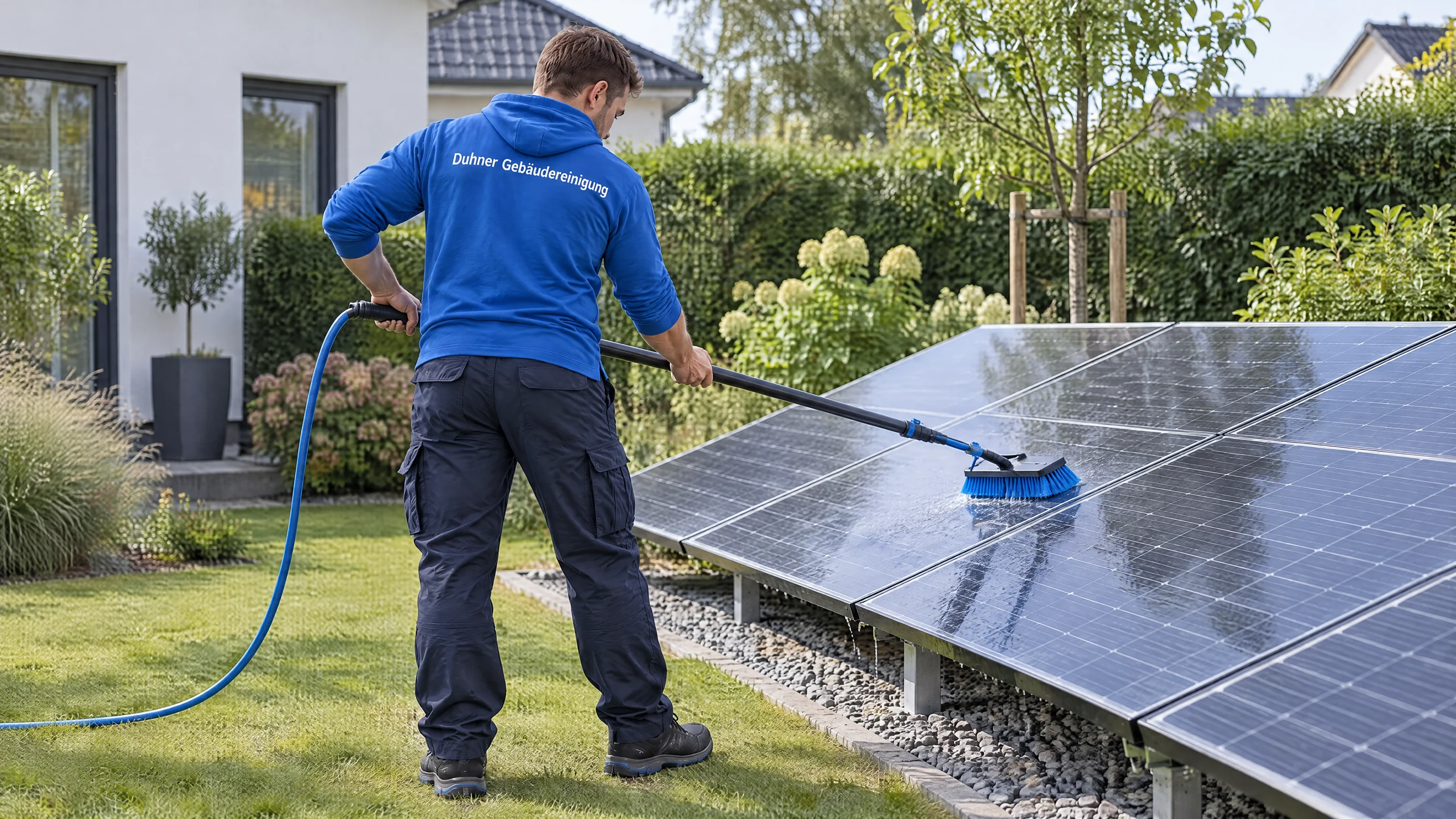 Reinigung einer bodennahen Photovoltaikanlage mit wasserführender Bürste